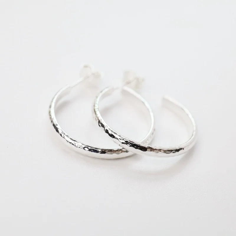 Medium Finely Hammered Hoops in Sterling Silver