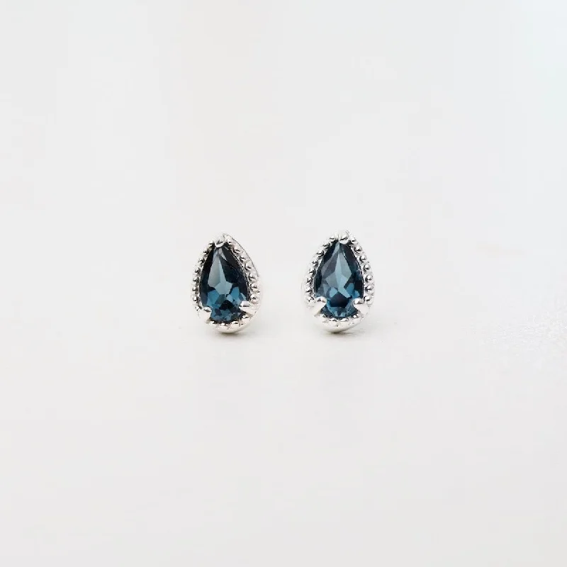 Sterling Silver London Blue Topaz Milgrain Edge Pear Studs