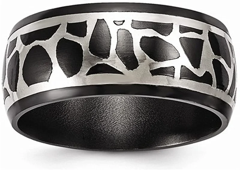 Edward Mirell Black Titanium and Sterling Silver Cobblestone 10mm Wedding Band, Size 10.5