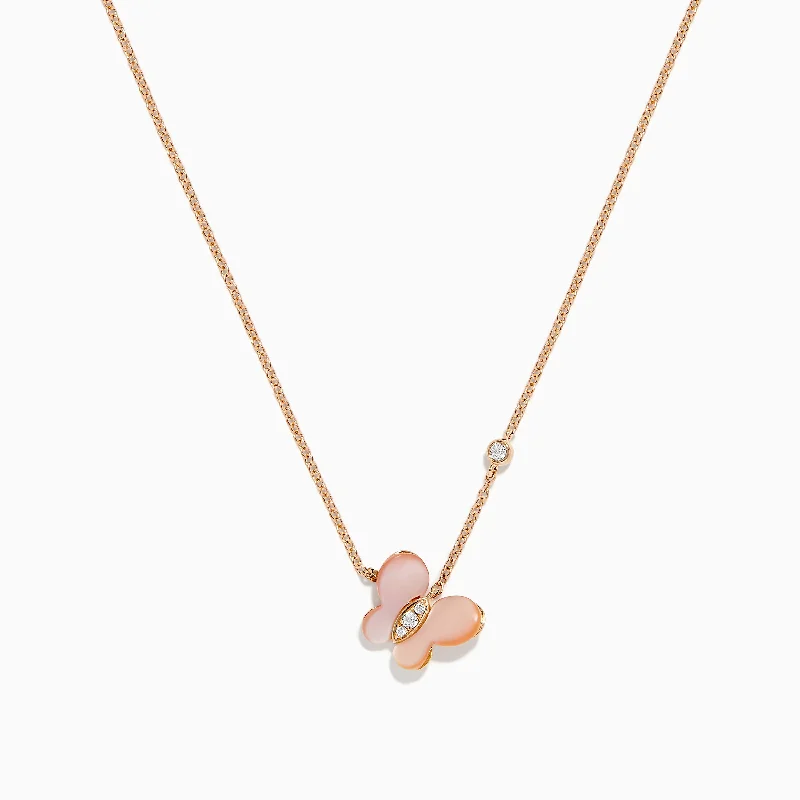 14K Rose Gold Mother of Pearl and Diamond Butterfly Necklace, 0.05 TCW