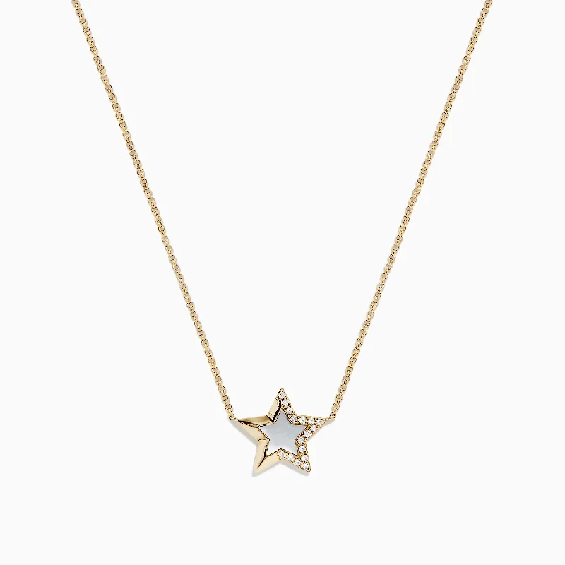 Novelty 14K Gold Mother of Pearl and Diamond Star Necklace, 0.06 TCW