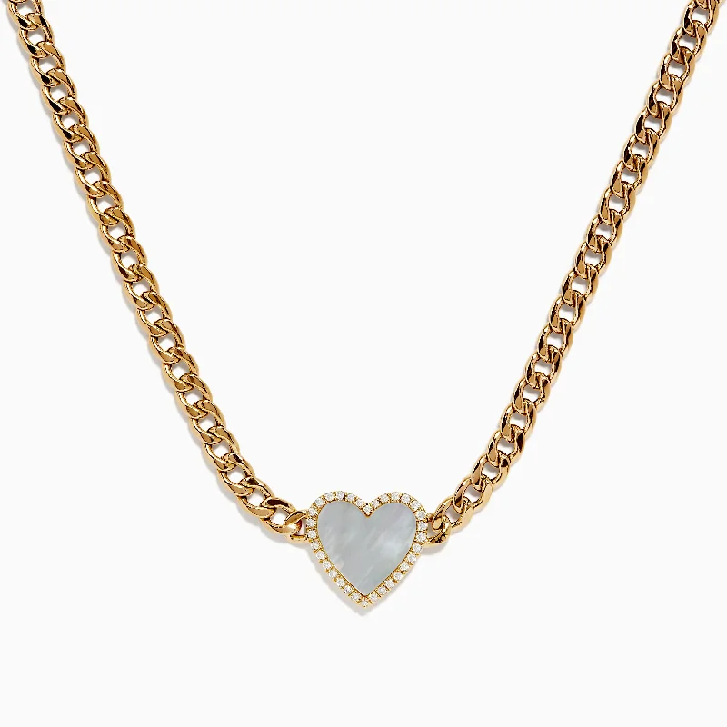 Novelty 14K Yellow Gold Diamond and Mother of Pearl Heart Necklace