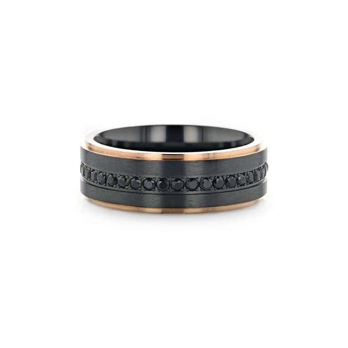 Flat Brushed Black Titanium Ring with Rose Gold Plated Edge and Black Sapphire