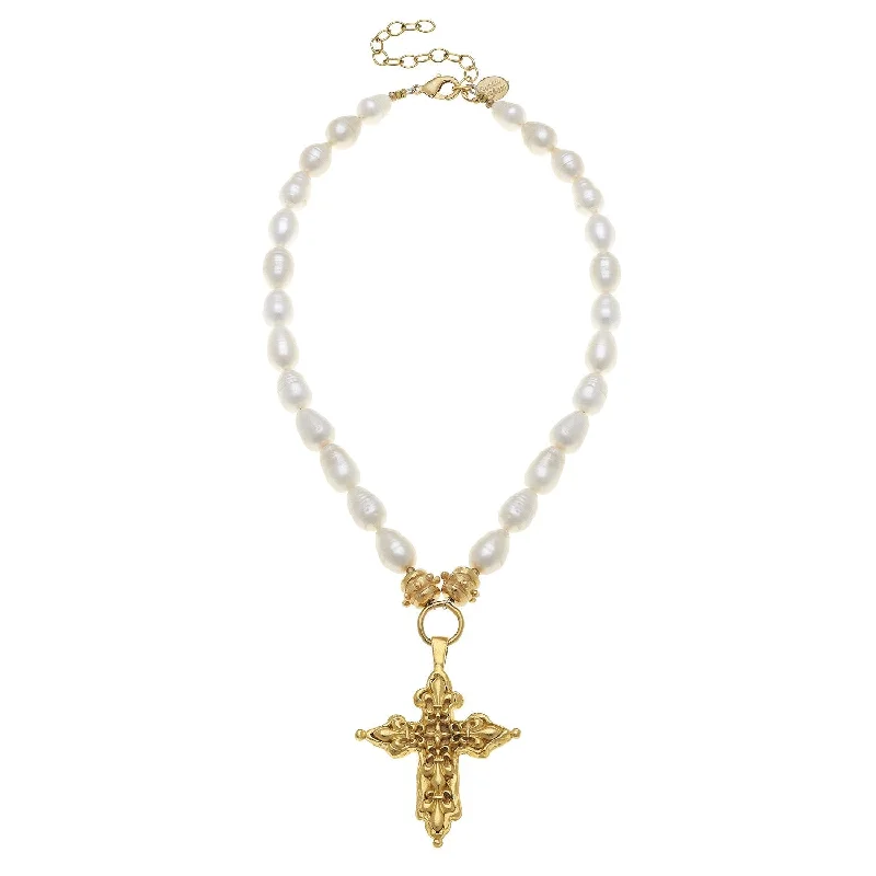 Fleur Cross Pearl Necklace