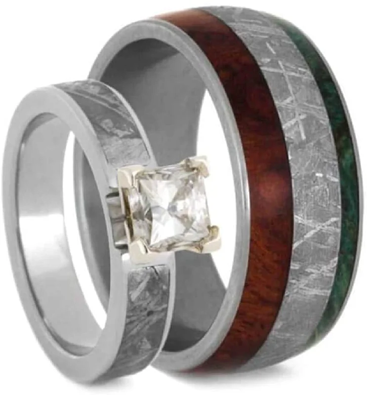 Forever One Moissanite, Meteorite, Afzelia Wood, Green Box Elder Burl Comfort-Fit Titanium Couples Wedding Band Set Size, M10-F6.5