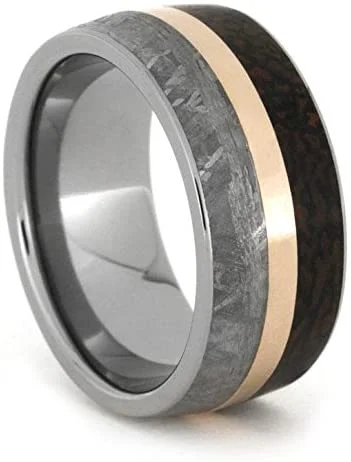 Gibeon Meteorite, Dinosaur Bone, 14k Rose Gold 10mm Comfort-Fit Titanium Band, Size 4.25