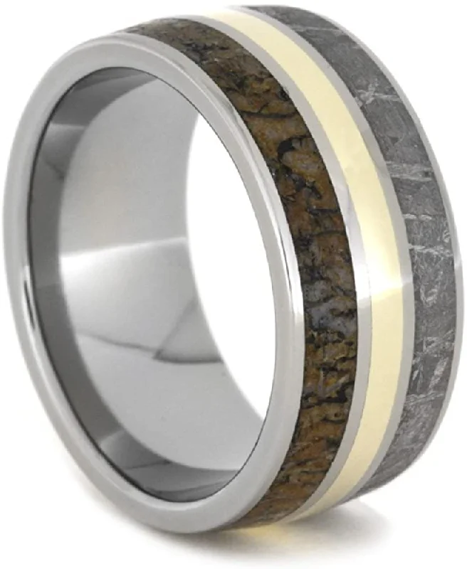 Gibeon Meteorite, Dinosaur Bone, 14k Yellow Gold 11mm Comfort Fit Titanium Wedding Band, Size 14.5