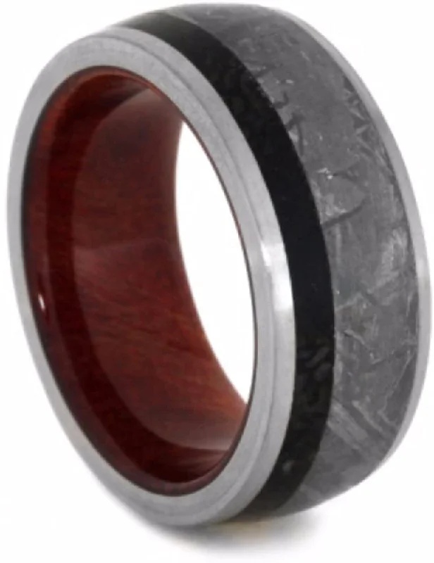 Gibeon Meteorite, Dinosaur Bone, Ruby Redwood 9mm Comfort-Fit Titanium Wedding Band, Size 11