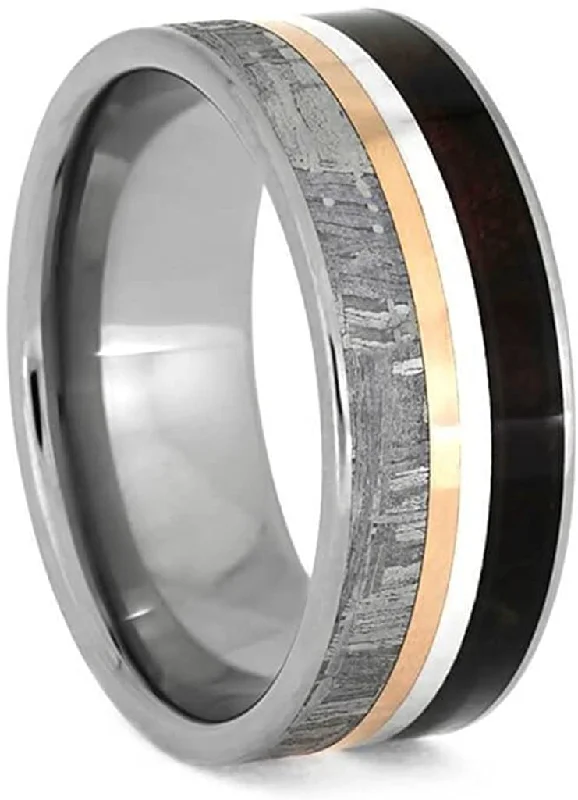 Gibeon Meteorite, Redwood, 14k Rose Gold, Sterling Silver 8mm Titanium Comfort-Fit Wedding Band, Size 14.75