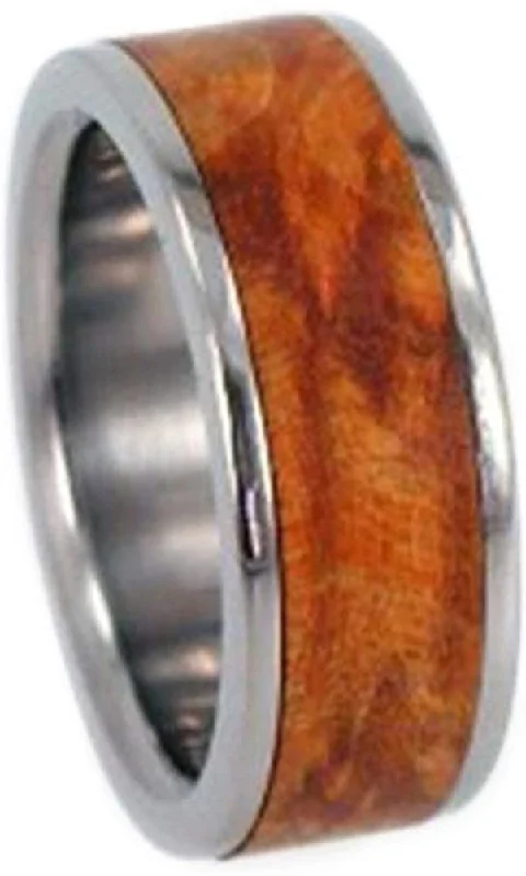 Gold Box Elder Burl Wood Inlay 6mm Comfort Fit Interchangeable Titanium Band, Size 15.25