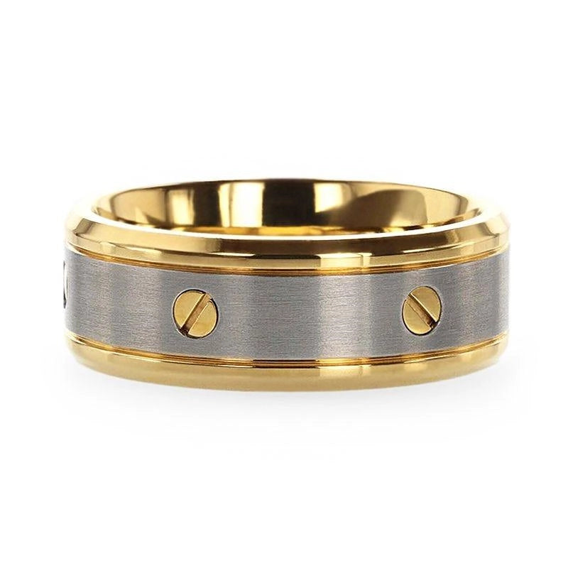 Gold Plated Titanium Flat Brushed Center Ring with Rotating Screw Design and Beveled Polished Edges