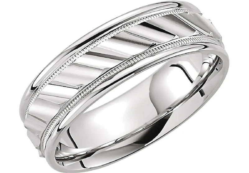 Grooved Milgrain Comfort Fit 6.75mm 10k White Gold Band, Size 6