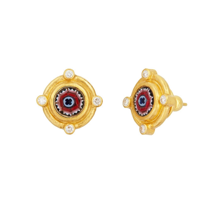 Gurhan One-of-a-Kind 24K Yellow Gold and 18K Vermeil Floral Mosaic Stud Earrings with Bezel Set Diamonds