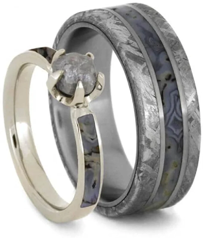 His and Hers Gibeon Meteorite, Dino Bone 7mm Comfort-Fit Titanium Band and 10k White Gold Rough Diamond, Dinosaur Bone Ring Size, M16-F7