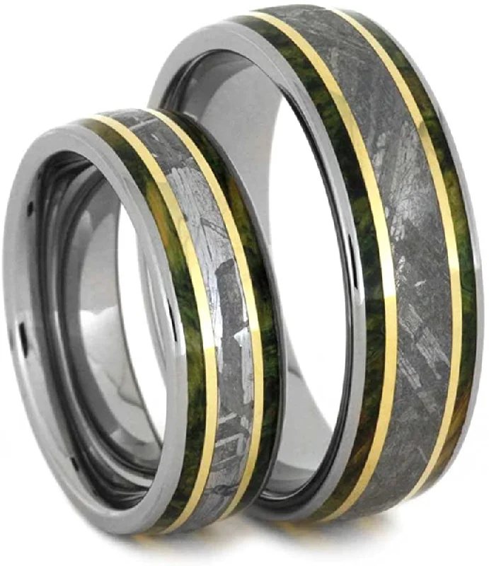 His and Hers Titanium Wedding Band Set, Gibeon Meteorite, Green Box Elder Burl Wood, 14k Yellow Gold Ring, M13.5-F9