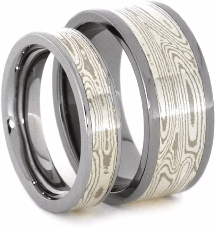 His and Hers Wedding Set, Palladium, White Gold, Mokume Gane Titanium Wedding Bands, M13.5-F7.5