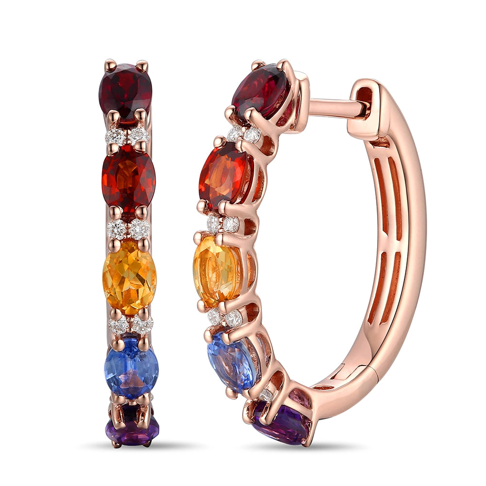 Le Vian 14K Strawberry Gold Raspberry Rhodolite, Spessartite, Cinnamon Citrine, Blueberry Sapphire, and Grape Amethyst Hoop Earrings with Vanilla Diamonds