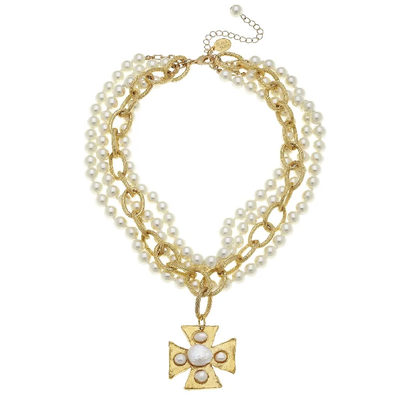 Maltese Cross Multi-Strand Pearl Necklace