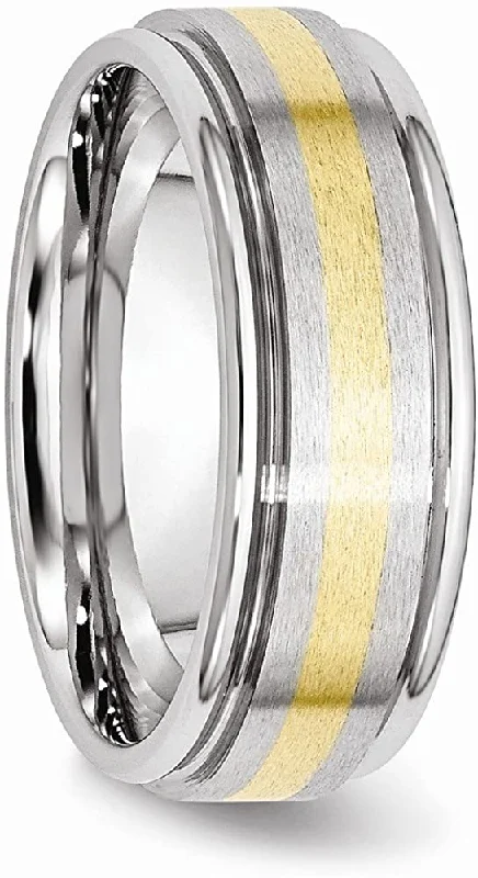 Men's Brushed Cobalt Chrome, 14k Yellow Gold Inlay 8mm Rounded Edge Band Size 11