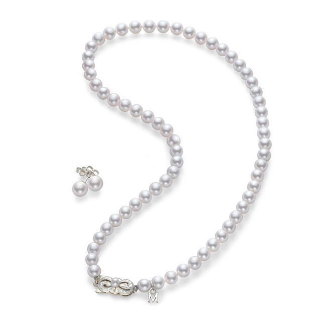 Mikimoto 18K White Gold Cultured White Pearl Necklace & 7mm Stud Earring, 2 Piece Set