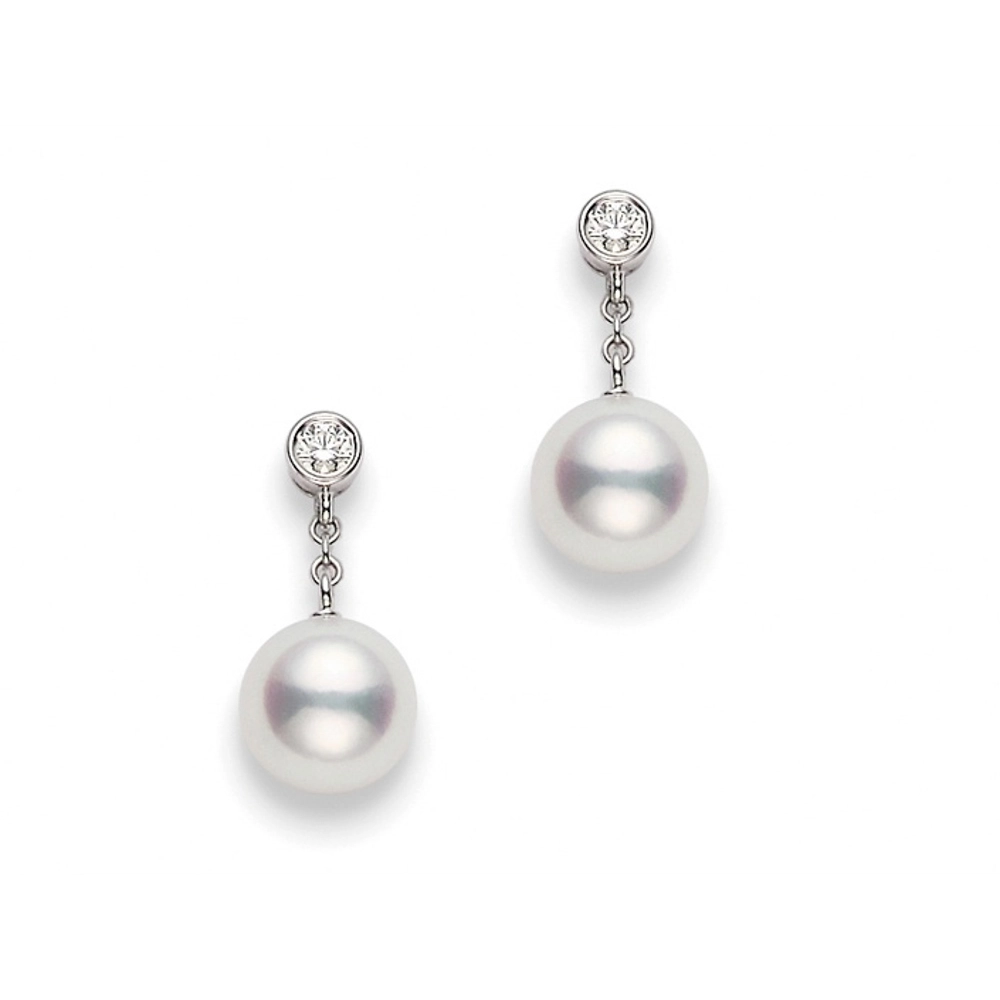 Mikimoto 18K White Gold Diamond & 8mm Akoya Cultured Pearl Stud Earrings