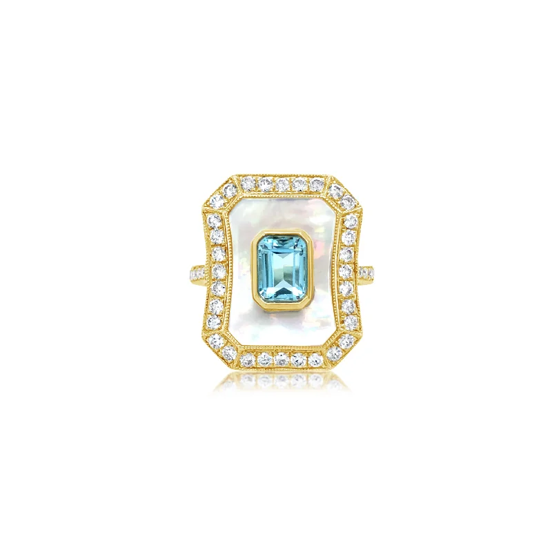 Diamond Ring With Mother Of Pearl and Blue Topaz - Doves by Doron Paloma