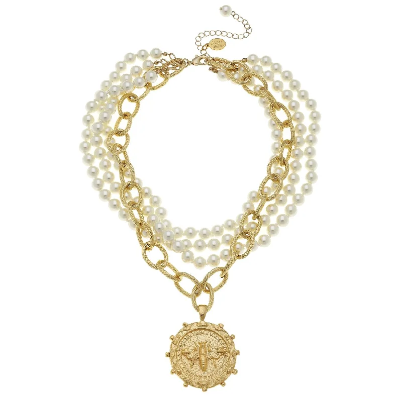 Bee Pendant Multi-Strand Pearl Necklace