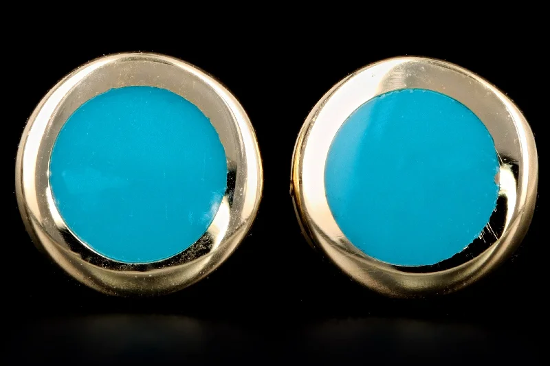 New 14K Yellow Gold Turquoise Blue Enamel Round Stud Earrings