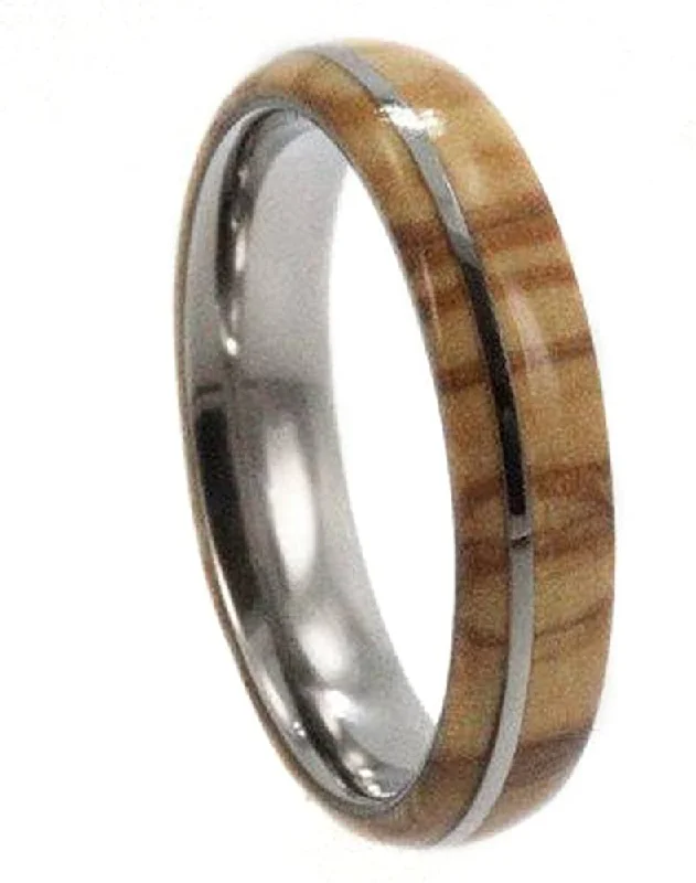 Olive Wood, Titanium Pinstripe 6mm Comfort Fit Titanium Wedding Band, Size 5