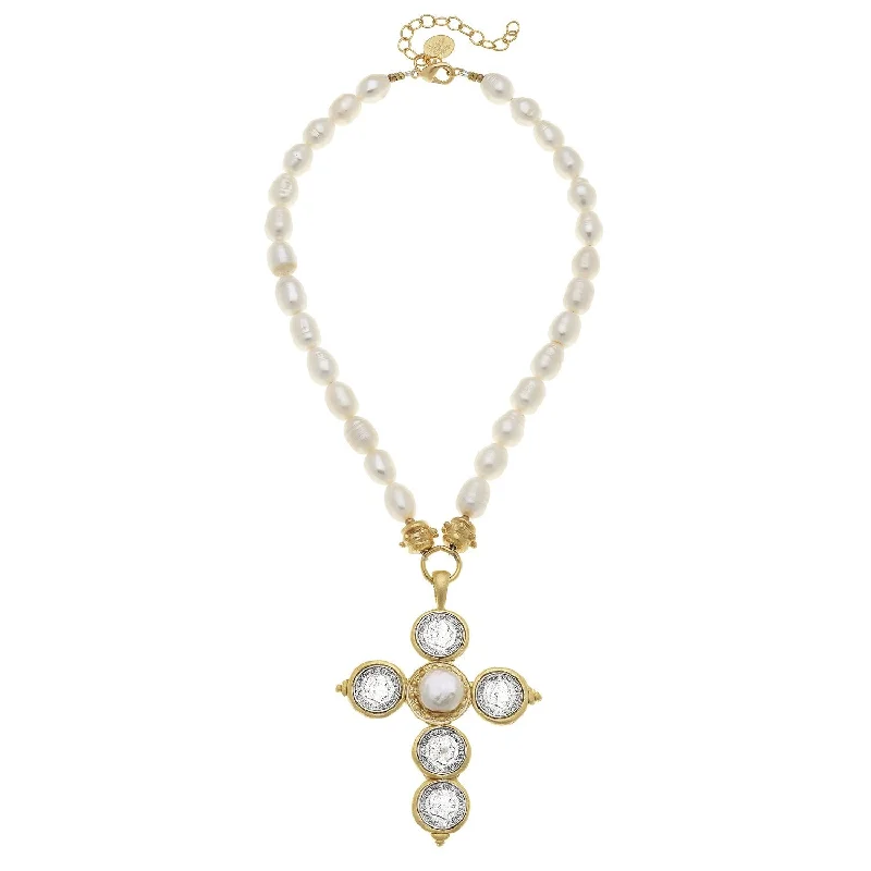 Mixed Metal Coin Cross Pearl Necklace