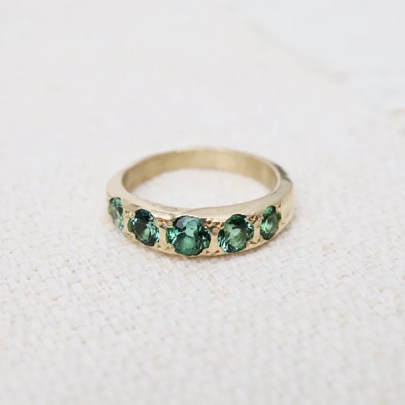 Yellow Gold 5 Stone Blue Green Tourmaline Band Ring