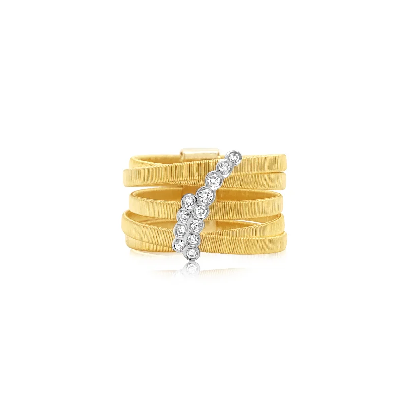 Multi Banded Wired Gold Ring With Bezel-Set Diamonds