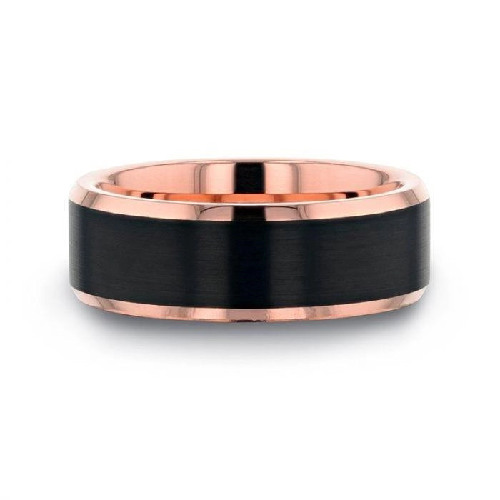 Rose Gold Plated Tungsten Polished Beveled Ring with Brushed Black Center