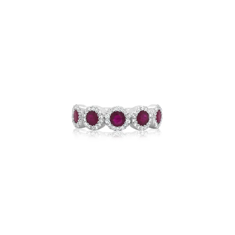 Five Stone Diamond Framed Ruby Ring