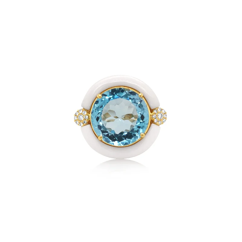 Light Blue Topaz Ring With Diamond and White Agate - Doves by Doron Paloma