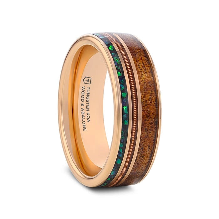 Smoked Rose Gold Tungsten Band with Hawaiian Koa Wood, Abalone, and Guitar String