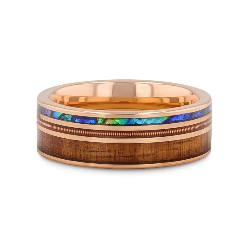 Smoked Rose Gold Tungsten Ring with Hawaiian Koa Wood, Abalone, and Guitar String