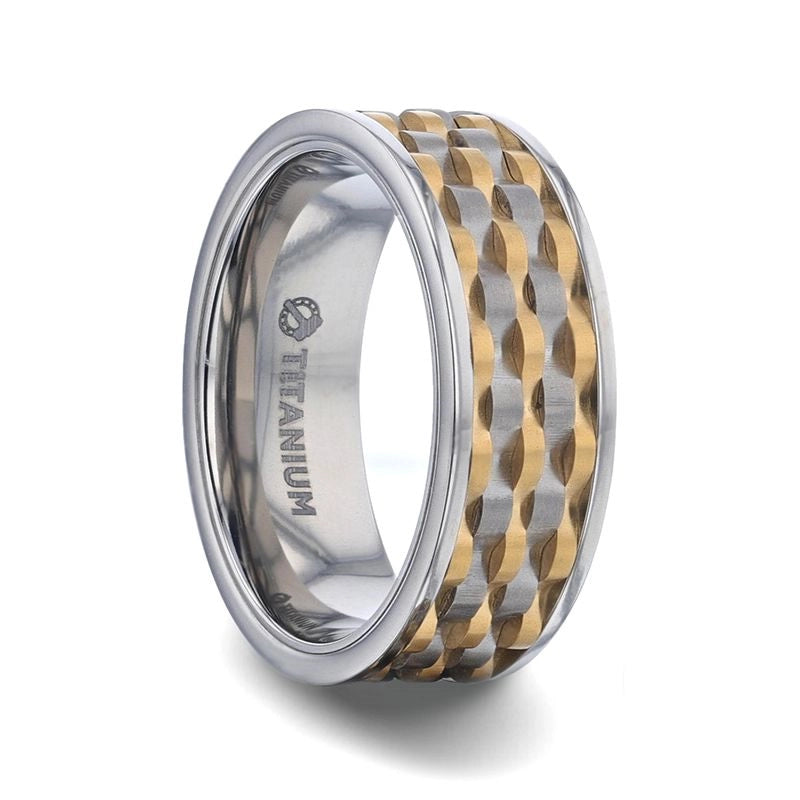 Titanium Band with Wavy Gold and Gunmetal Texture Pattern