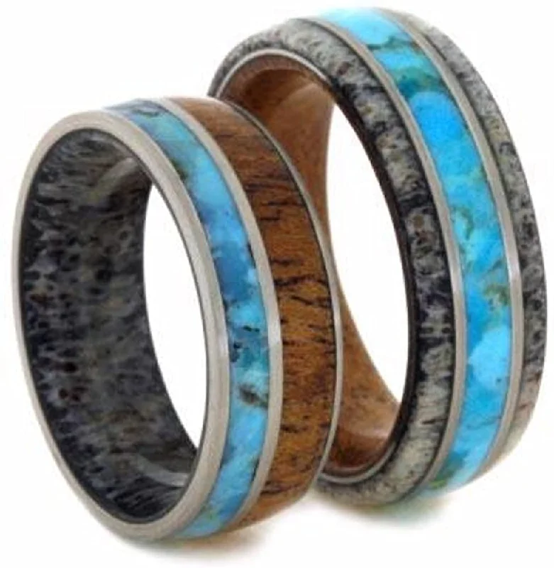 Turquoise, Mesquite Wood, Deer Antler Ring, Men's Turquoise, Antler, Mesquite Wood Ring, His and Hers Wedding Band Set, M12.5-F8.5