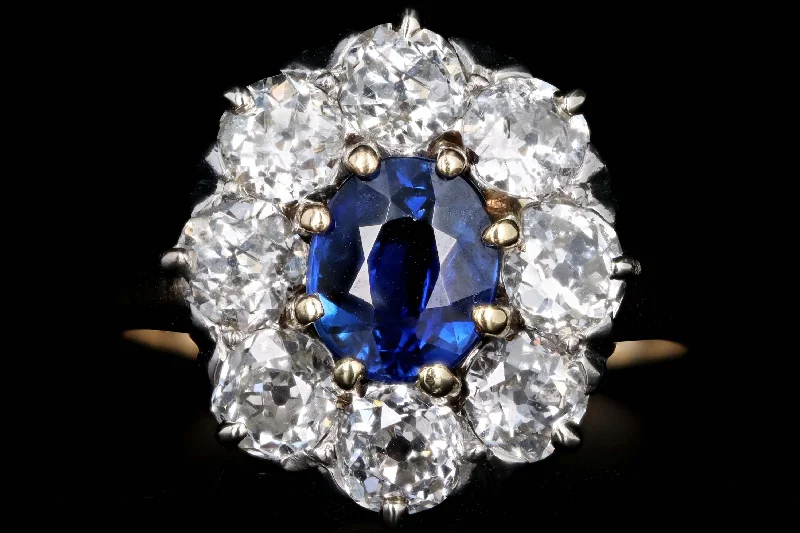 Victorian 14K Yellow Gold 1.05 Carat Natural Sapphire & Old European Cut Diamond Cluster Halo Ring