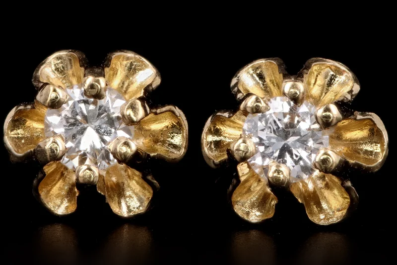 Vintage 14K Yellow Gold .10 Carat Total Weight Round Brilliant Cut Diamond Belcher Mounted Stud Earrings