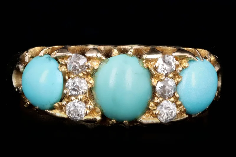 Victorian 18K Yellow Gold Cabochon Cut Turquoise & Old Mine Cut Diamond Three Stone Ring