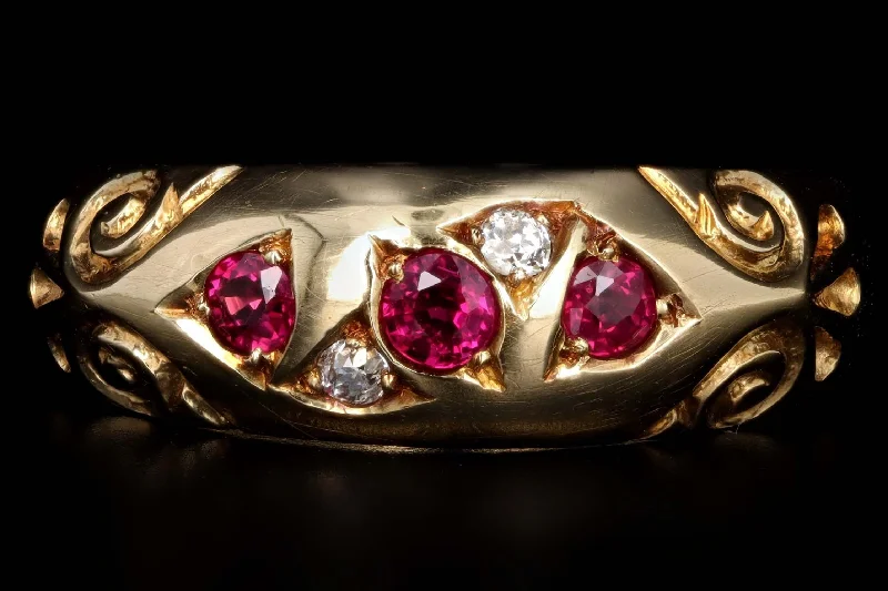 Victorian 18K Yellow Gold Natural Ruby & Old European Cut Diamond Gypsy Ring