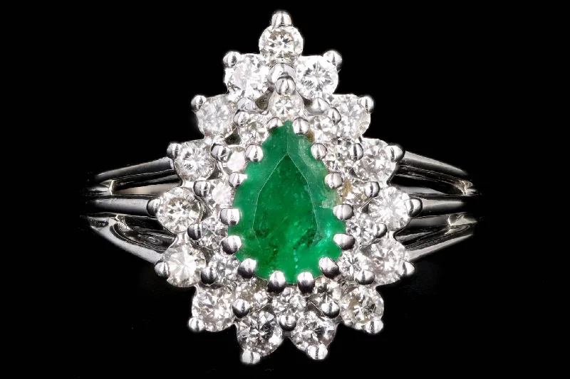 Vintage 14K White Gold .50 Carat Pear Cut Emerald & Diamond Halo Ring