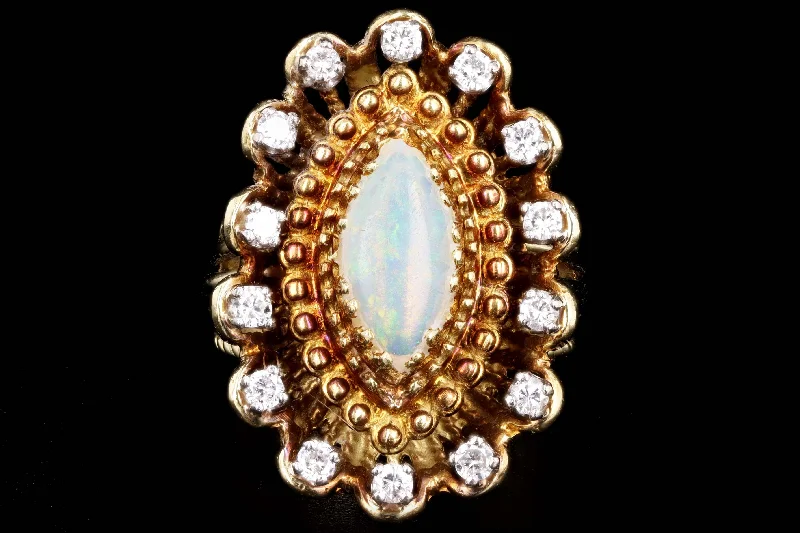 Vintage 14K Yellow Gold .75 Carat Marquise Cabochon Opal & Diamond Ring