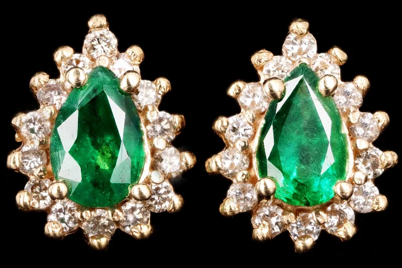 Vintage 14K Yellow Gold Natural Emerald & Diamond Halo Stud Earrings