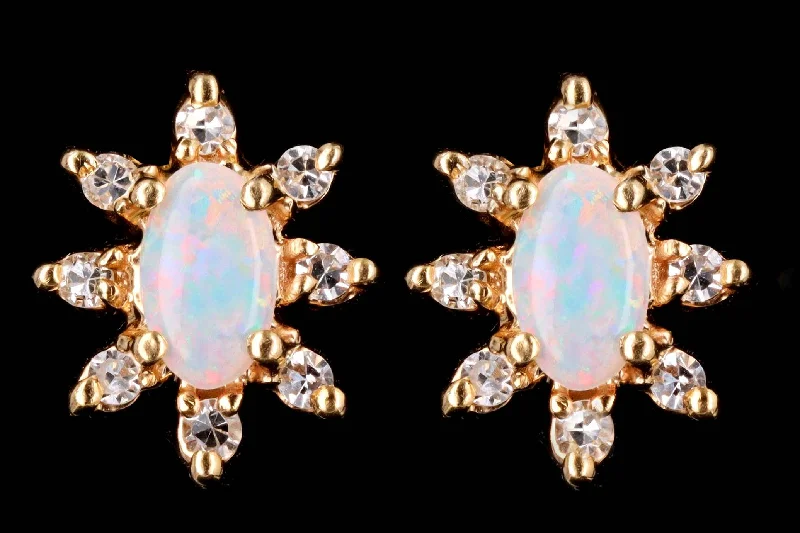 Vintage 14K Yellow Gold Natural Opal & Diamond Halo Stud Earrings