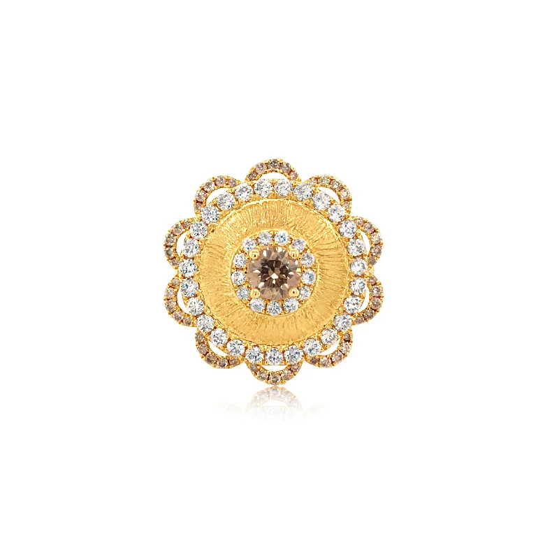 White and Champagne Diamond Flower Ring With 0.50CT Champagne Center Stone