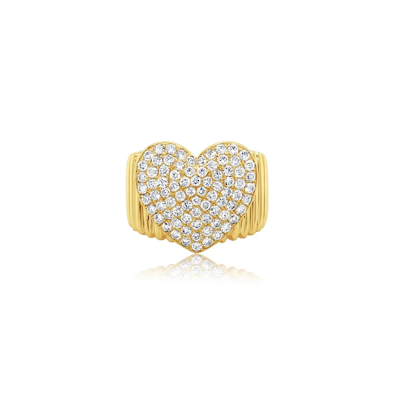 Yellow Gold Ribbed Diamond Heart Ring