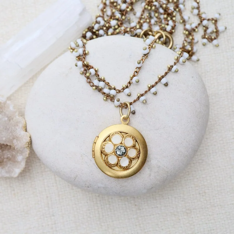 White Enamel Flower Necklace with Locket Pendant